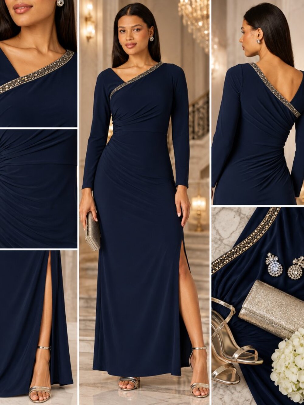 Adrianna Papell Midnight Embellished Asymmetrical Long Sleeve Gown 10 NWT
